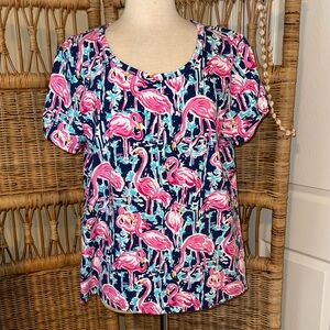Caribbean Joe Navy Short Sleeve Top with Pink Flamingo Print